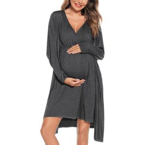 SWOMOG Women Maternity Nursing Gown and Robe Set 3 in 1 Labor Delivery Nursing Nightgown for Breastfeeding Hospital Bathrobe(Dark Grey)