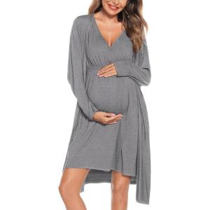 SWOMOG Women Maternity Nursing Gown and Robe Set 3 in 1 Labor Delivery Nursing Nightgown for Breastfeeding Hospital Bathrobe(Grey)