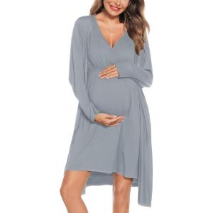 SWOMOG Women Maternity Nursing Gown and Robe Set 3 in 1 Labor Delivery Nursing Nightgown for Breastfeeding Hospital Bathrobe(Grey Green)