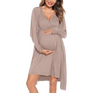 SWOMOG Women Maternity Nursing Gown and Robe Set 3 in 1 Labor Delivery Nursing Nightgown for Breastfeeding Hospital Bathrobe(Light Brown)