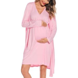 SWOMOG Women Maternity Nursing Gown and Robe Set 3 in 1 Labor Delivery Nursing Nightgown for Breastfeeding Hospital Bathrobe(Pink)