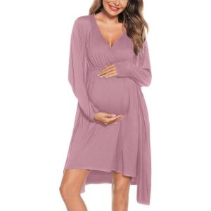 SWOMOG Women Maternity Nursing Gown and Robe Set 3 in 1 Labor Delivery Nursing Nightgown for Breastfeeding Hospital Bathrobe(Taro Purple)