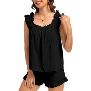 SWOMOG Women Pajama Sets 2 Pcs Ruffle Pjs Bridal Pajamas for Women Sleepwear Set with Tank Tops and Shorts(Black)