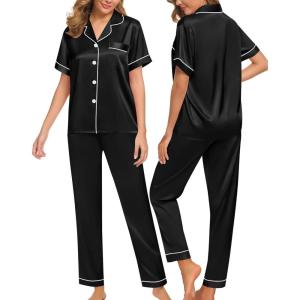 SWOMOG Women Satin Pajamas Set Short Sleeve Top & Pants Sleepwear Silky Button Down Nightwear 2pcs Loungewear Pjs Set(Black)