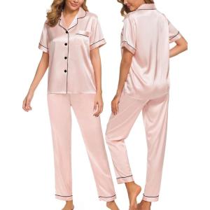 SWOMOG Women Satin Pajamas Set Short Sleeve Top & Pants Sleepwear Silky Button Down Nightwear 2pcs Loungewear Pjs Set(Blush Pink)