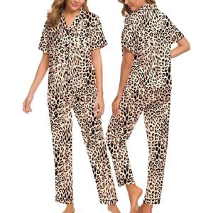 SWOMOG Women Satin Pajamas Set Short Sleeve Top & Pants Sleepwear Silky Button Down Nightwear 2pcs Loungewear Pjs Set(Brown Leopard)