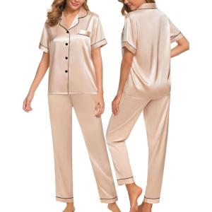 SWOMOG Women Satin Pajamas Set Short Sleeve Top & Pants Sleepwear Silky Button Down Nightwear 2pcs Loungewear Pjs Set(Champagne)