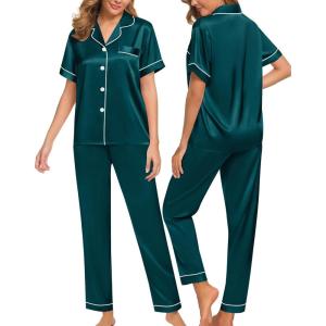 SWOMOG Women Satin Pajamas Set Short Sleeve Top & Pants Sleepwear Silky Button Down Nightwear 2pcs Loungewear Pjs Set(Deep Green)