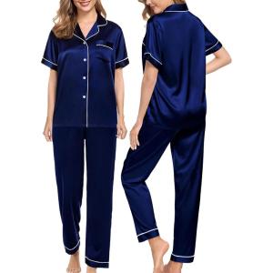 SWOMOG Women Satin Pajamas Set Short Sleeve Top & Pants Sleepwear Silky Button Down Nightwear 2pcs Loungewear Pjs Set(Deep Navy Blue)