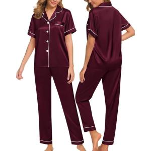 SWOMOG Women Satin Pajamas Set Short Sleeve Top & Pants Sleepwear Silky Button Down Nightwear 2pcs Loungewear Pjs Set(Deep Wine Red)