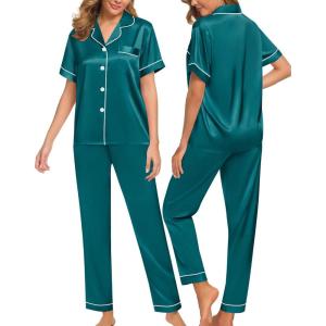 SWOMOG Women Satin Pajamas Set Short Sleeve Top & Pants Sleepwear Silky Button Down Nightwear 2pcs Loungewear Pjs Set(Green)