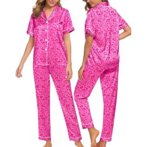 SWOMOG Women Satin Pajamas Set Short Sleeve Top & Pants Sleepwear Silky Button Down Nightwear 2pcs Loungewear Pjs Set(Hot Pink Leopard)