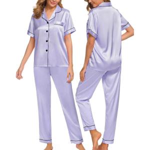 SWOMOG Women Satin Pajamas Set Short Sleeve Top & Pants Sleepwear Silky Button Down Nightwear 2pcs Loungewear Pjs Set(Lavender)
