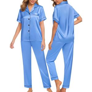 SWOMOG Women Satin Pajamas Set Short Sleeve Top & Pants Sleepwear Silky Button Down Nightwear 2pcs Loungewear Pjs Set(Marina Blue)