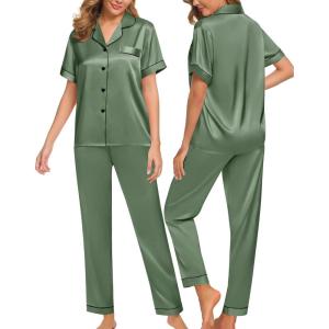 SWOMOG Women Satin Pajamas Set Short Sleeve Top & Pants Sleepwear Silky Button Down Nightwear 2pcs Loungewear Pjs Set(Matcha)