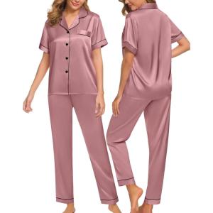 SWOMOG Women Satin Pajamas Set Short Sleeve Top & Pants Sleepwear Silky Button Down Nightwear 2pcs Loungewear Pjs Set(Misty Rose)
