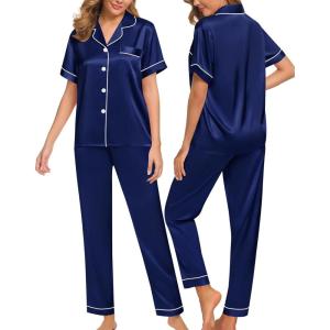 SWOMOG Women Satin Pajamas Set Short Sleeve Top & Pants Sleepwear Silky Button Down Nightwear 2pcs Loungewear Pjs Set(Navy Blue)