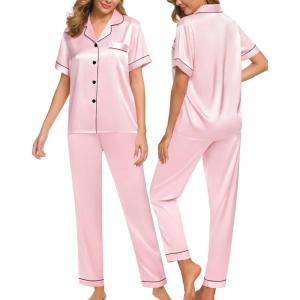 SWOMOG Women Satin Pajamas Set Short Sleeve Top & Pants Sleepwear Silky Button Down Nightwear 2pcs Loungewear Pjs Set(Pink)