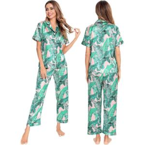 SWOMOG Women Satin Pajamas Set Short Sleeve Top & Pants Sleepwear Silky Button Down Nightwear 2pcs Loungewear Pjs Set(Pink Leaves)