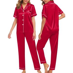 SWOMOG Women Satin Pajamas Set Short Sleeve Top & Pants Sleepwear Silky Button Down Nightwear 2pcs Loungewear Pjs Set(Red)