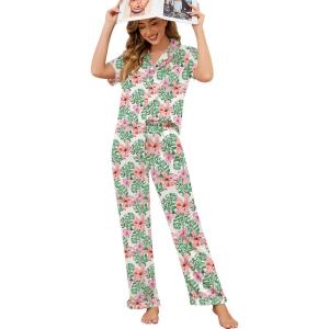 SWOMOG Women Satin Pajamas Set Short Sleeve Top & Pants Sleepwear Silky Button Down Nightwear 2pcs Loungewear Pjs Set(Z-floral Light Green)