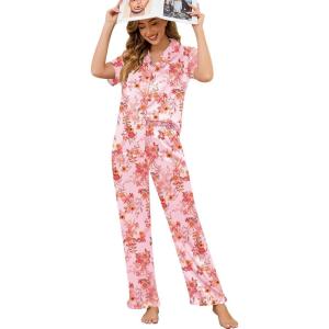 SWOMOG Women Satin Pajamas Set Short Sleeve Top & Pants Sleepwear Silky Button Down Nightwear 2pcs Loungewear Pjs Set(Z-flowers)