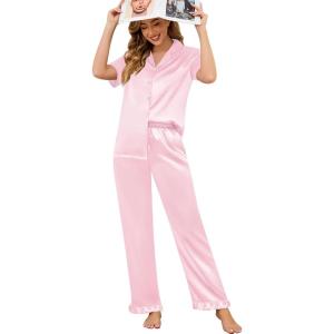 SWOMOG Women Satin Pajamas Set Short Sleeve Top & Pants Sleepwear Silky Button Down Nightwear 2pcs Loungewear Pjs Set(Z-pink)