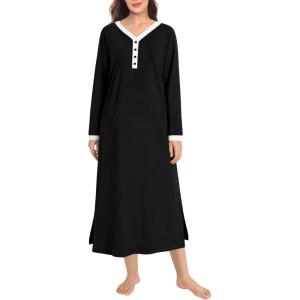 SWOMOG Womens Nightgown Long Sleeve Sleep Shirts Oversized Sleep Dress Long Soft Housecoat With Pockets(Black)