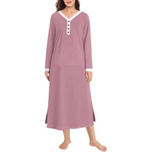 SWOMOG Womens Nightgown Long Sleeve Sleep Shirts Oversized Sleep Dress Long Soft Housecoat With Pockets(Taro Purple)
