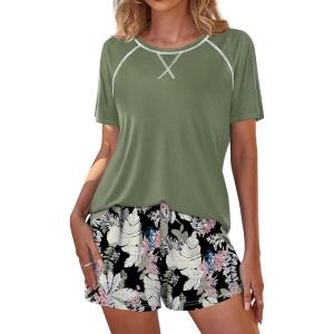 SWOMOG Womens Pajama Sets 2 Piece Lounge Set Short Sleeve Tops and Shorts Soft Sleepwear Cute Floral & Plaid Print PJs(Green Floral)