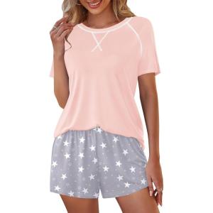 SWOMOG Womens Pajama Sets 2 Piece Lounge Set Short Sleeve Tops and Shorts Soft Sleepwear Cute Floral & Plaid Print PJs(Pink Grey Star)