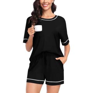 SWOMOG Womens Pajama Sets 2 Piece Short Sleeve Sleepwear Sets Soft Top and Shorts Pjs Lounge Sets with Pockets S-XXL(Modal-black)