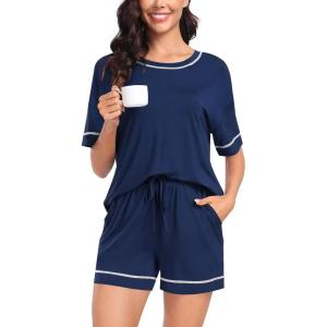 SWOMOG Womens Pajama Sets 2 Piece Short Sleeve Sleepwear Sets Soft Top and Shorts Pjs Lounge Sets with Pockets S-XXL(Modal-navy Blue)