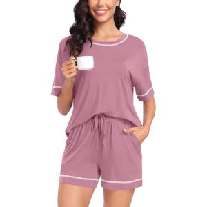 SWOMOG Womens Pajama Sets 2 Piece Short Sleeve Sleepwear Sets Soft Top and Shorts Pjs Lounge Sets with Pockets S-XXL(Modal-taro Purple)