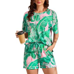 SWOMOG Womens Pajama Sets 2 Piece Short Sleeve Sleepwear Sets Soft Top and Shorts Pjs Lounge Sets with Pockets S-XXL(Pink Leaves)
