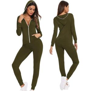 SWOMOG Womens Pajamas Jumpsuits Zip-up Hoodie Union Jumpsuit Romper Long Sleeve Sexy Onesie Bodysuits One Piece Sleepwear(Army Green)