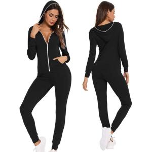 SWOMOG Womens Pajamas Jumpsuits Zip-up Hoodie Union Jumpsuit Romper Long Sleeve Sexy Onesie Bodysuits One Piece Sleepwear(Black)
