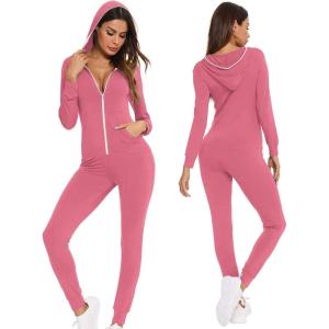 SWOMOG Womens Pajamas Jumpsuits Zip-up Hoodie Union Jumpsuit Romper Long Sleeve Sexy Onesie Bodysuits One Piece Sleepwear(Coral)