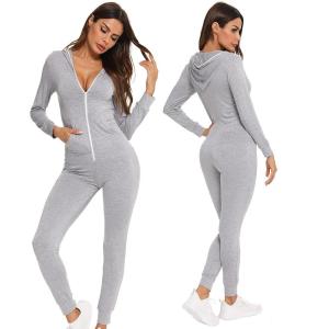 SWOMOG Womens Pajamas Jumpsuits Zip-up Hoodie Union Jumpsuit Romper Long Sleeve Sexy Onesie Bodysuits One Piece Sleepwear(Grey)