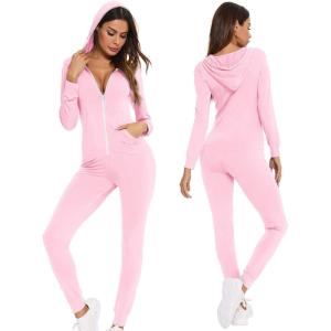 SWOMOG Womens Pajamas Jumpsuits Zip-up Hoodie Union Jumpsuit Romper Long Sleeve Sexy Onesie Bodysuits One Piece Sleepwear(Pink)