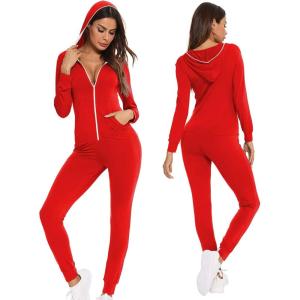 SWOMOG Womens Pajamas Jumpsuits Zip-up Hoodie Union Jumpsuit Romper Long Sleeve Sexy Onesie Bodysuits One Piece Sleepwear(Red)