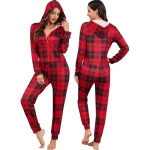 SWOMOG Womens Pajamas Jumpsuits Zip-up Hoodie Union Jumpsuit Romper Long Sleeve Sexy Onesie Bodysuits One Piece Sleepwear(Red Black Grid)