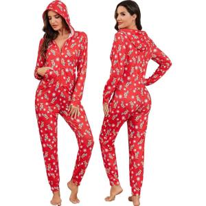 SWOMOG Womens Pajamas Jumpsuits Zip-up Hoodie Union Jumpsuit Romper Long Sleeve Sexy Onesie Bodysuits One Piece Sleepwear(Red Bottom Elk)