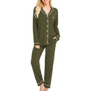 SWOMOG Womens Pajamas Set Long Sleeve Sleepwear Button Down Nightwear Soft Cotton Pj Lounge Sets(Army Green)