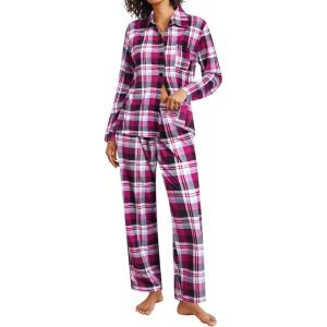 SWOMOG Womens Pajamas Set Long Sleeve Sleepwear Button Down Nightwear Soft Cotton Pj Lounge Sets(Berry Plaid)