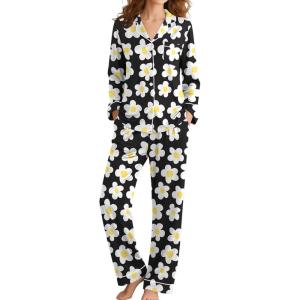 SWOMOG Womens Pajamas Set Long Sleeve Sleepwear Button Down Nightwear Soft Cotton Pj Lounge Sets(Black Flower)