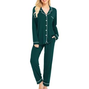 SWOMOG Womens Pajamas Set Long Sleeve Sleepwear Button Down Nightwear Soft Cotton Pj Lounge Sets(Black Green)