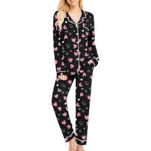 SWOMOG Womens Pajamas Set Long Sleeve Sleepwear Button Down Nightwear Soft Cotton Pj Lounge Sets(Black Pink Heart)