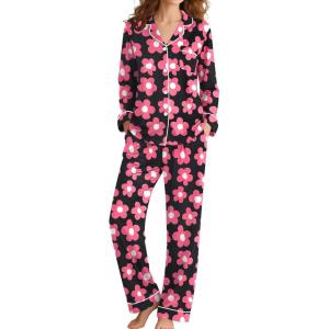 SWOMOG Womens Pajamas Set Long Sleeve Sleepwear Button Down Nightwear Soft Cotton Pj Lounge Sets(Black Rose Flower)