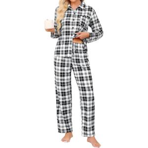 SWOMOG Womens Pajamas Set Long Sleeve Sleepwear Button Down Nightwear Soft Cotton Pj Lounge Sets(Black and Grey Plaid)